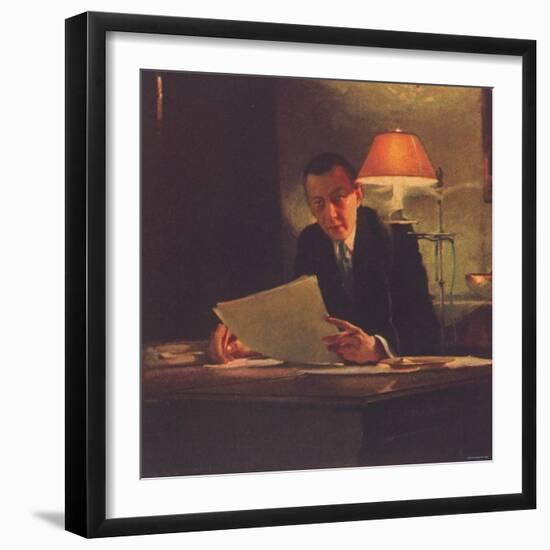 Russian Composer, Pianist and Conductor Sergei Rachmaninoff Composing on His Steinway Piano-null-Framed Premium Photographic Print