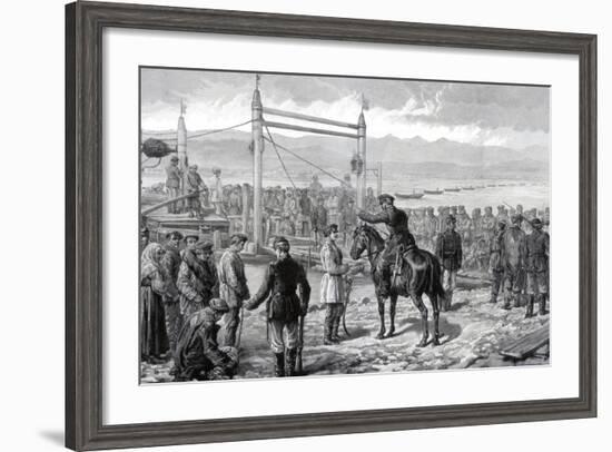 Russian Convicts under Military Escort Waiting to Be Ferried across the River Yenisei, 1882-null-Framed Giclee Print