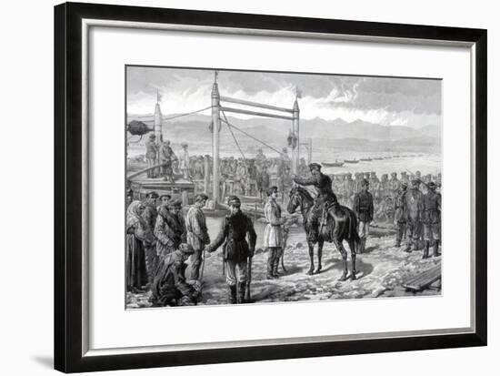 Russian Convicts under Military Escort Waiting to Be Ferried across the River Yenisei, 1882-null-Framed Giclee Print