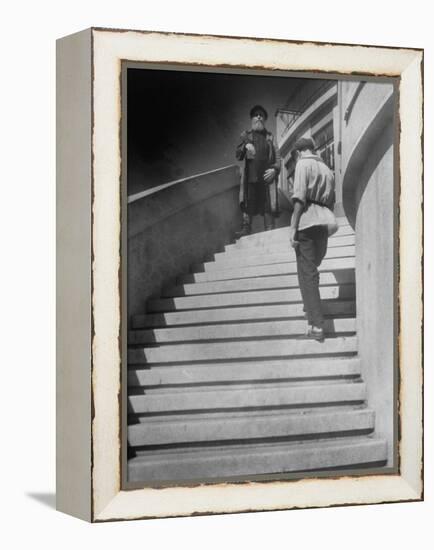 Russian Men Dressed in Tunics Standing on the Steps of a Workers Club-Margaret Bourke-White-Framed Premier Image Canvas