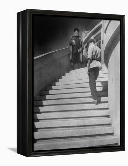 Russian Men Dressed in Tunics Standing on the Steps of a Workers Club-Margaret Bourke-White-Framed Premier Image Canvas