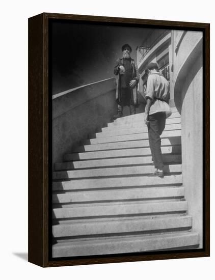 Russian Men Dressed in Tunics Standing on the Steps of a Workers Club-Margaret Bourke-White-Framed Premier Image Canvas