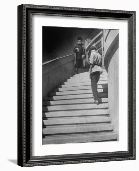 Russian Men Dressed in Tunics Standing on the Steps of a Workers Club-Margaret Bourke-White-Framed Photographic Print