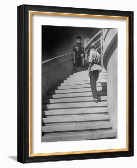 Russian Men Dressed in Tunics Standing on the Steps of a Workers Club-Margaret Bourke-White-Framed Photographic Print