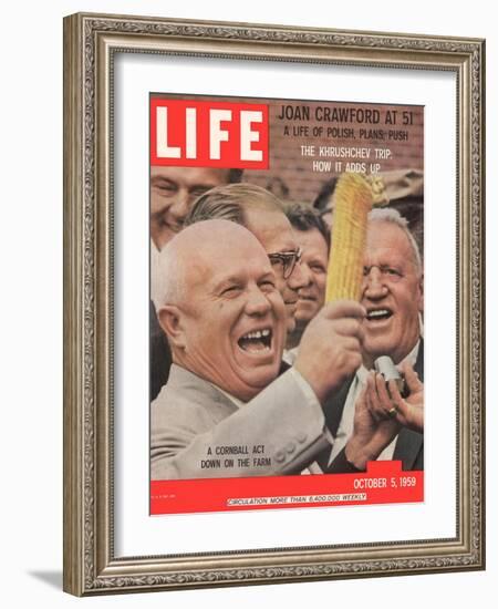 Russian Premier Nikita Khrushchev Holding Up Ear of Corn During Tour of US, October 5, 1959-Hank Walker-Framed Photographic Print