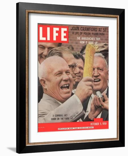 Russian Premier Nikita Khrushchev Holding Up Ear of Corn During Tour of US, October 5, 1959-Hank Walker-Framed Photographic Print