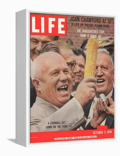 Russian Premier Nikita Khrushchev Holding Up Ear of Corn During Tour of US, October 5, 1959-Hank Walker-Framed Premier Image Canvas