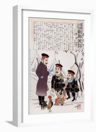 Russian Soldiers and a Rooster around a Campfire, Japanese Wood-Cut Print-Lantern Press-Framed Art Print