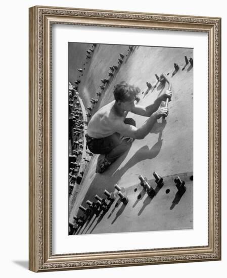 Russian Worker in the Construction of a Generator Shell for the Dnieper River Dam-Margaret Bourke-White-Framed Photographic Print