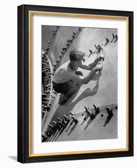 Russian Worker in the Construction of a Generator Shell for the Dnieper River Dam-Margaret Bourke-White-Framed Photographic Print