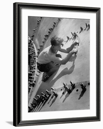 Russian Worker in the Construction of a Generator Shell for the Dnieper River Dam-Margaret Bourke-White-Framed Photographic Print