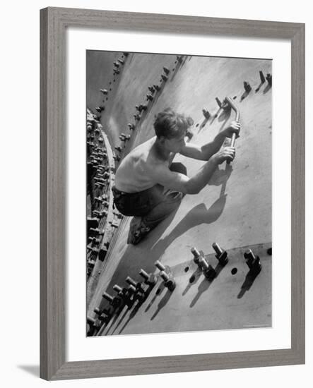 Russian Worker in the Construction of a Generator Shell for the Dnieper River Dam-Margaret Bourke-White-Framed Photographic Print