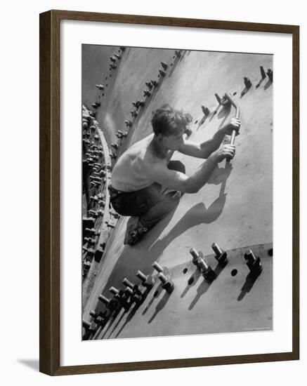 Russian Worker in the Construction of a Generator Shell for the Dnieper River Dam-Margaret Bourke-White-Framed Photographic Print