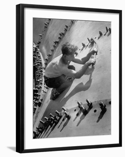 Russian Worker in the Construction of a Generator Shell for the Dnieper River Dam-Margaret Bourke-White-Framed Photographic Print