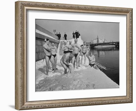 Russians Playing in the Snow in Swimming Gear, Preparing to Go Swimming-Carl Mydans-Framed Photographic Print