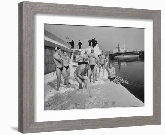 Russians Playing in the Snow in Swimming Gear, Preparing to Go Swimming-Carl Mydans-Framed Photographic Print