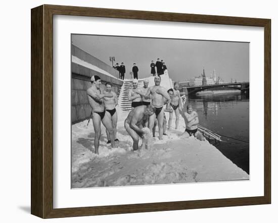 Russians Playing in the Snow in Swimming Gear, Preparing to Go Swimming-Carl Mydans-Framed Photographic Print