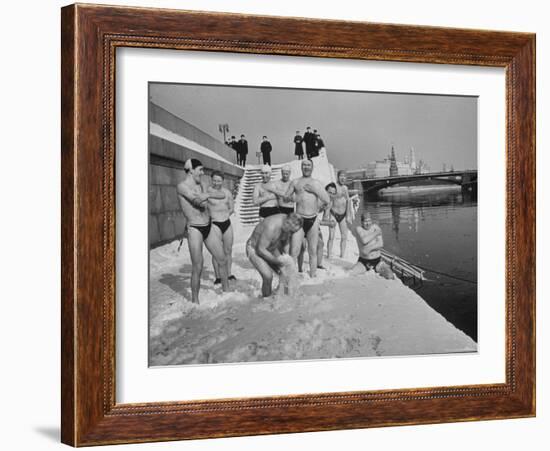 Russians Playing in the Snow in Swimming Gear, Preparing to Go Swimming-Carl Mydans-Framed Photographic Print