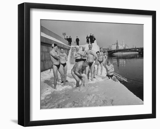 Russians Playing in the Snow in Swimming Gear, Preparing to Go Swimming-Carl Mydans-Framed Photographic Print