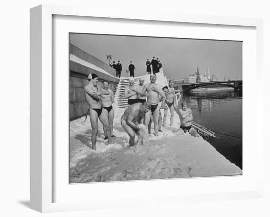 Russians Playing in the Snow in Swimming Gear, Preparing to Go Swimming-Carl Mydans-Framed Photographic Print