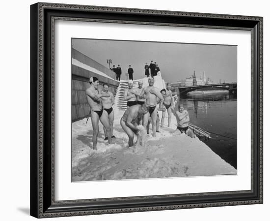 Russians Playing in the Snow in Swimming Gear, Preparing to Go Swimming-Carl Mydans-Framed Photographic Print