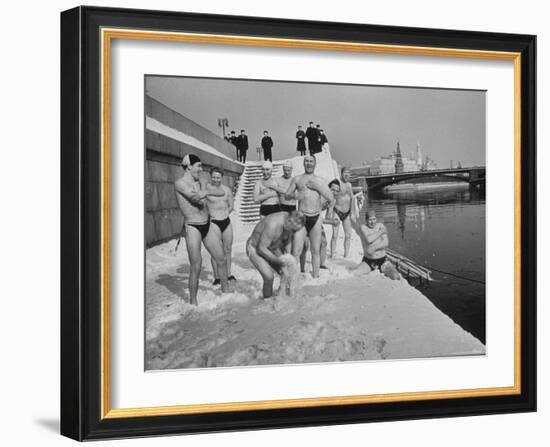 Russians Playing in the Snow in Swimming Gear, Preparing to Go Swimming-Carl Mydans-Framed Photographic Print