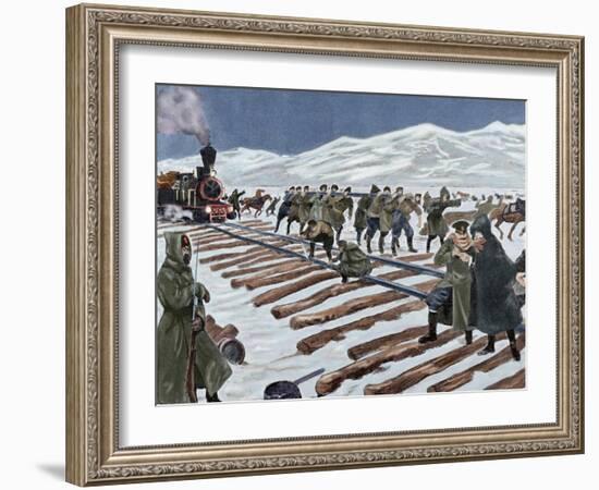 Russo-Japanese War (1904-1905). Construction of a Railroad across the Ice on Lake Baikal. Coloured-null-Framed Giclee Print