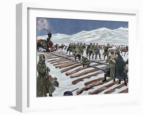 Russo-Japanese War (1904-1905). Construction of a Railroad across the Ice on Lake Baikal. Coloured-null-Framed Giclee Print