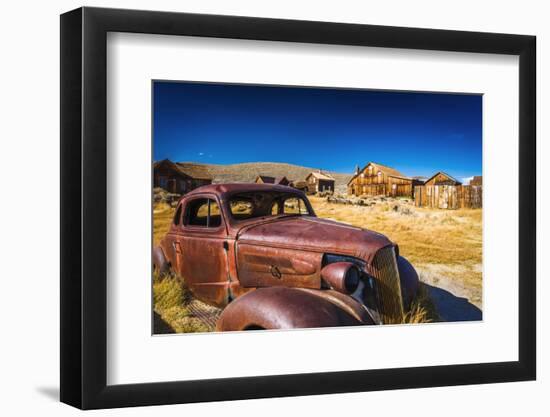 Rusted car and buildings, Bodie State Historic Park, California, USA-Russ Bishop-Framed Photographic Print