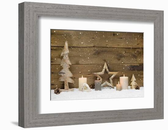 Rustic Country Background - Wood - with Candles and Snowflakes for Christmas-Imagesbavaria-Framed Photographic Print