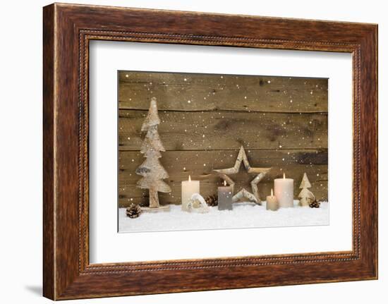 Rustic Country Background - Wood - with Candles and Snowflakes for Christmas-Imagesbavaria-Framed Photographic Print