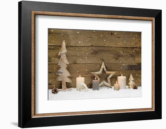 Rustic Country Background - Wood - with Candles and Snowflakes for Christmas-Imagesbavaria-Framed Photographic Print