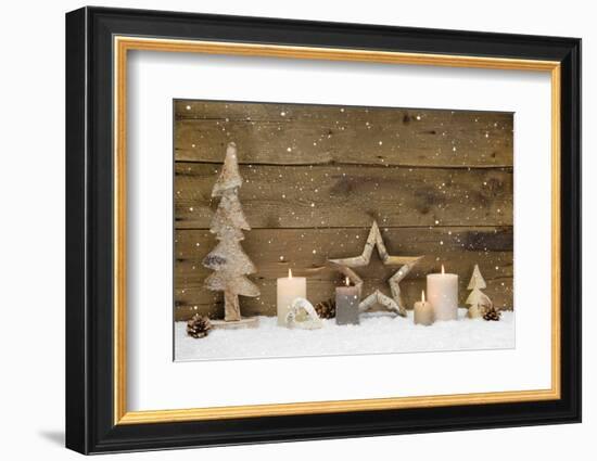 Rustic Country Background - Wood - with Candles and Snowflakes for Christmas-Imagesbavaria-Framed Photographic Print