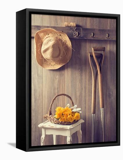 Rustic Country Shed Interior with Freshly Picked Yellow Roses in Basket-Chris_Elwell-Framed Premier Image Canvas
