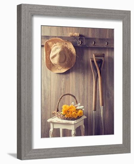 Rustic Country Shed Interior with Freshly Picked Yellow Roses in Basket-Chris_Elwell-Framed Photographic Print