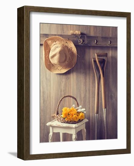 Rustic Country Shed Interior with Freshly Picked Yellow Roses in Basket-Chris_Elwell-Framed Photographic Print