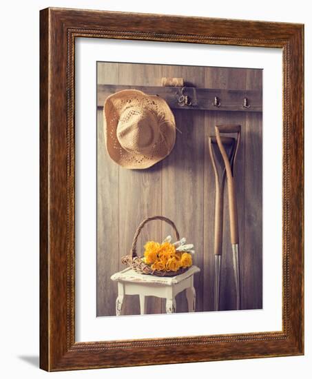 Rustic Country Shed Interior with Freshly Picked Yellow Roses in Basket-Chris_Elwell-Framed Photographic Print