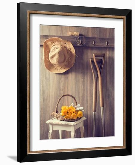 Rustic Country Shed Interior with Freshly Picked Yellow Roses in Basket-Chris_Elwell-Framed Photographic Print