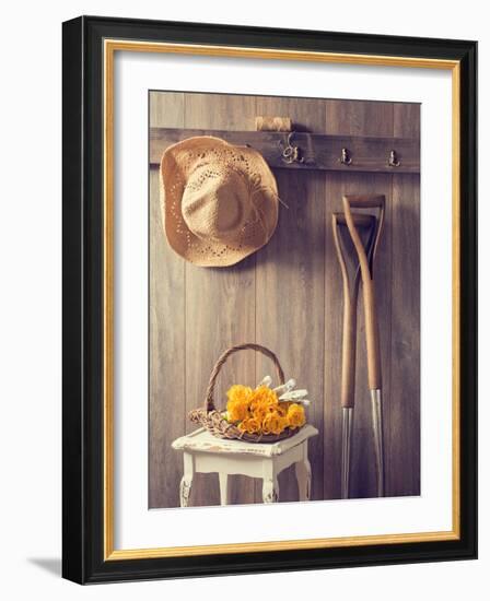 Rustic Country Shed Interior with Freshly Picked Yellow Roses in Basket-Chris_Elwell-Framed Photographic Print