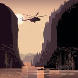 Mountain Landscape and Helicopter. Taiga. Evening Light Sunset. Illustration about Expedition.-Rustic-Art Print