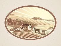 Rural Landscape with a Beautiful View of Distant Fields and Hills. Vector Illustration.-Rustic-Framed Art Print
