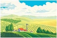 Rural Landscape with a Beautiful View of Distant Fields and Hills. Vector Illustration.-Rustic-Framed Art Print