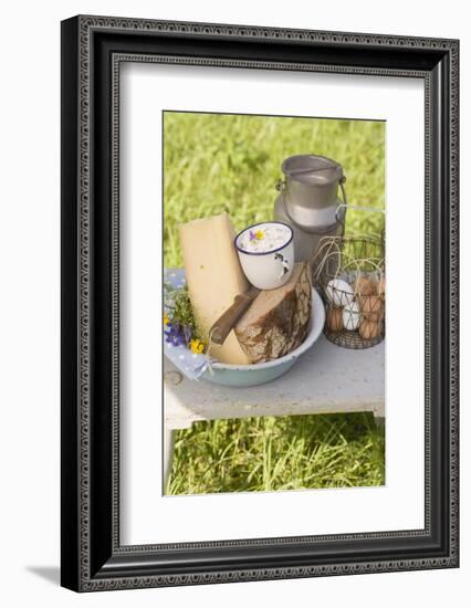 Rustic Still Life with Bread, Cheese, Eggs and Milk Can-Eising Studio - Food Photo and Video-Framed Photographic Print