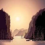 Sunrise in Wild Nature, Landscape with Mountains and Water, Taiga and Forest.-Rustic-Art Print