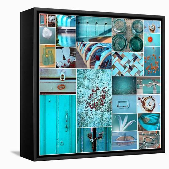 Rustic Teal Collage-Gail Peck-Framed Stretched Canvas