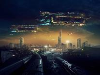 Urban Landscape of Post Apocalyptic Future with Flying Spaceships or Life after a Global War. Digit-Rustic-Art Print