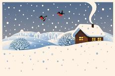 Winter Festive Landscape with Village and Christmas Trees. Raster Illustration.-Rustic-Framed Art Print