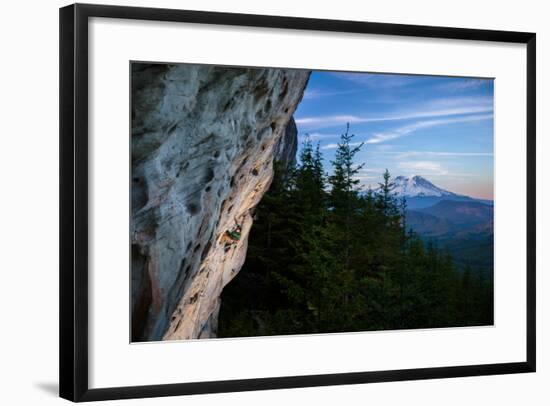 Rustin Gibson Rock Climbs On Steep Sandstone, Small Crag Near Mineral, Washington. Mt Rainier Bkgd-Ben Herndon-Framed Photographic Print