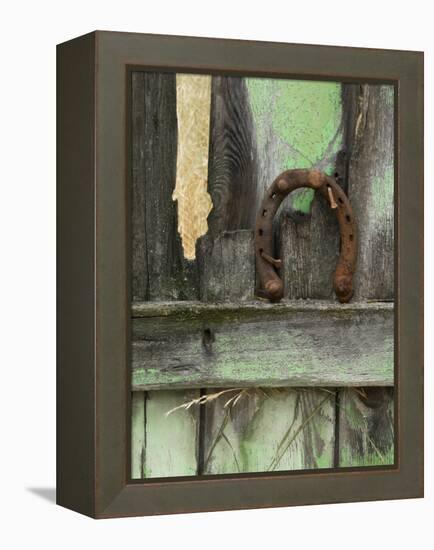 Rusty Horseshoe on Old Fence, Montana, USA-Nancy Rotenberg-Framed Premier Image Canvas