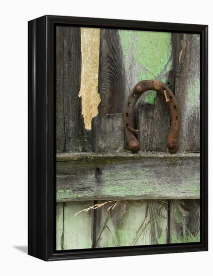 Rusty Horseshoe on Old Fence, Montana, USA-Nancy Rotenberg-Framed Premier Image Canvas